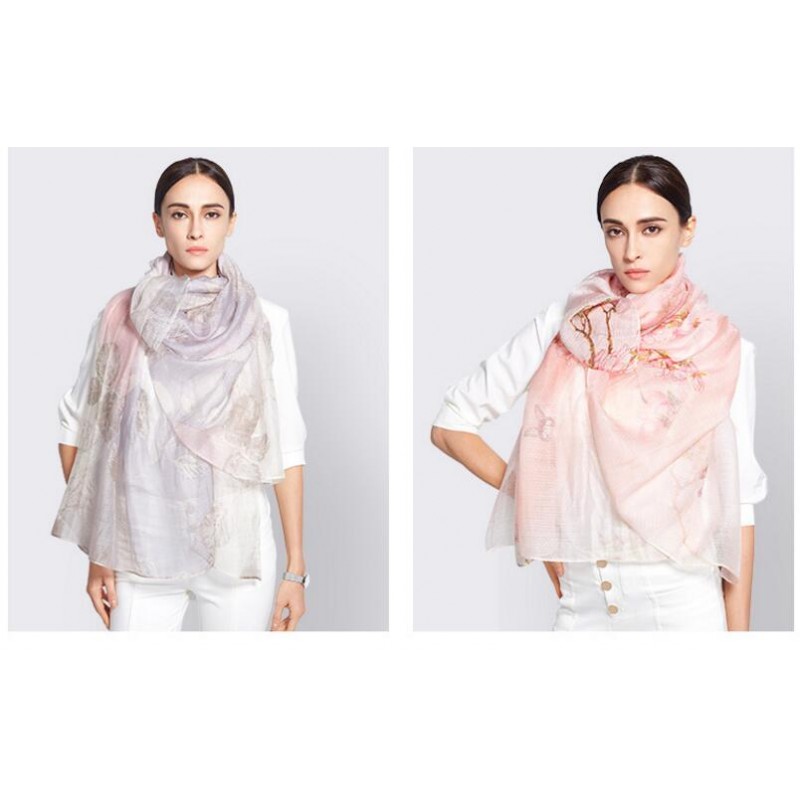 Wool Silk Scaves Beige Embroidery Women Summer Scarf